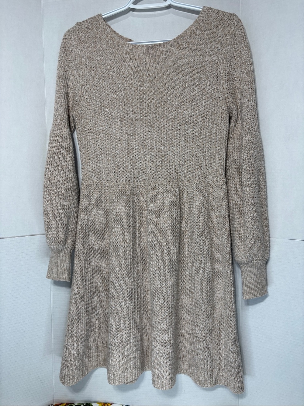 SHEIN Women’s Beige Ribbed Knit Sweater Dress Boho Long Bubble Sleeves Fall